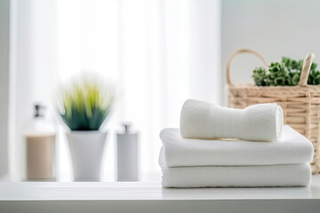 Table Top And Background Bathroom Blur - Arrangement of white towels on white table with copy space on blurred bathroom background. For product display montage - Generative AI