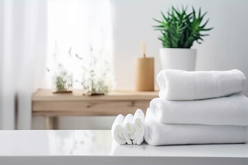 Fototapeta na wymiar Table Top And Background Bathroom Blur - Display of white towels on white table with copy space on blurred bathroom background. For product display montage - Generative AI
