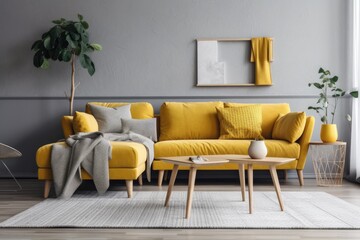 Yellow couch and décor in gray living room. Generative AI