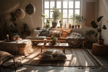 Modern boho house decor. Couch, cushions, houseplants, carpet, and ornaments against concrete wall. Generative AI