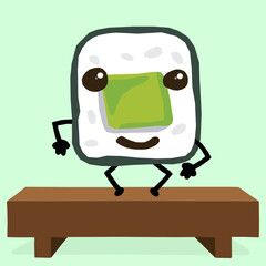 Sushi roll character in flat design. Japanese food vector illustration.