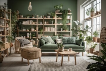 Plants on shelves beside green sofa in white natural living room with table. Real picture. Generative AI
