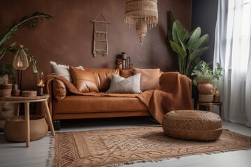 Loft living room with brown eco leather sofa, knitted blanket, cushions, side table with growing flowers in ceramic vase, and wicker basket on the floor. Generative AI
