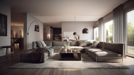 Naklejka na ściany i meble Beautiful Living Room in New Modern Luxury Home, designer furniture, stylish comfortable sofa, 3D rendering, generative AI tools.