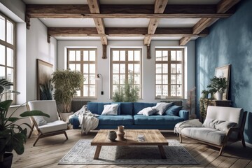White and blue japandi living room. Fabric couch, beams ceiling, window, and decors. Farmhouse decor,. Generative AI
