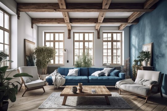 White and blue japandi living room. Fabric couch, beams ceiling, window, and decors. Farmhouse decor,. Generative AI © AkuAku