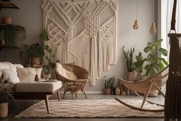 White handmade macrame on comfortable living room wall. Bohemian bedroom décor. Generative AI