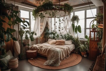 View from above of pleasant light boho bedroom with circular canopy bed on second home level, adorned with diverse green tropical plants in flower pots on floor and ceiling, no people. Generative AI