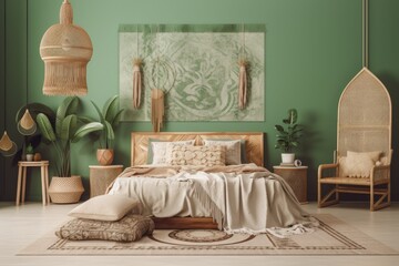 Boho bedroom design including bed, nightstand, home décor, and accessories. Eucalyptus. Template. Copies. Generative AI