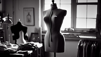 Fashionable boutique owner measures dress in black and white studio generated by AI - obrazy, fototapety, plakaty