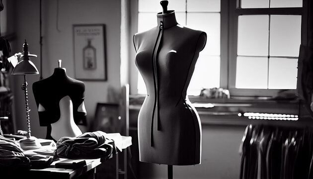 Fashionable boutique owner measures dress in black and white studio generated by AI