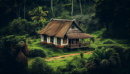 Rural scene of hut in forest with old roof generated by AI