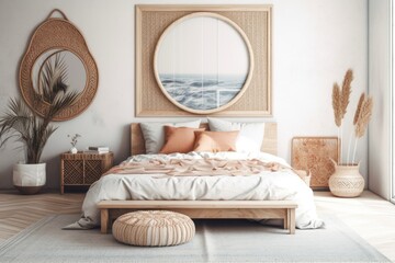 Beach bohemian bedroom mockup frame. ,. Generative AI
