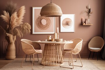 Boho dining room with poster mockup. Round table with rattan seat, dried flower vase, and cup. Brown wall, rattan light. Pseudo poster. Template. Generative AI