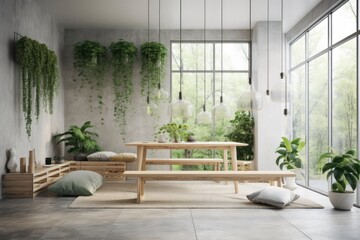 Scandinavian minimalism. Bright studio living space and indoor patio. Green wall, panoramic windows, and plants. Stone floor, rattan furnishings. Generative AI