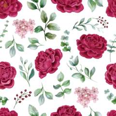 Behang Peonies Maroon Watercolor floral seamless pattern. Luxurious floral backgrounds, textile or wallpaper design, prints and invitations, and postcards. © orchidart