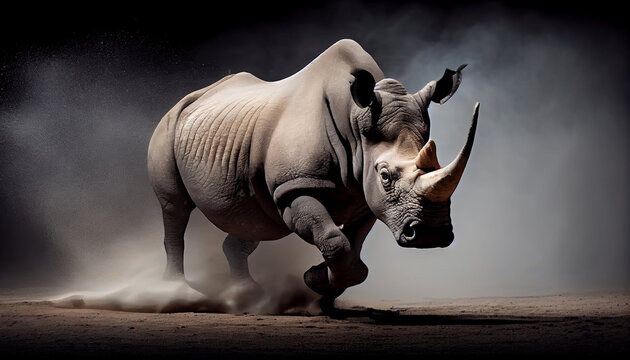Large horned rhinoceros grazing in African savannah generated by AI
