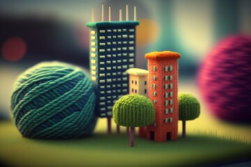  kniting art cute mini city, clouds, houses, garden, colors, hotel, stores