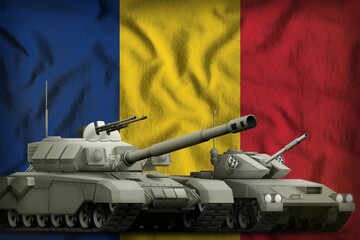 Romania tank forces concept on the national flag background. 3d Illustration