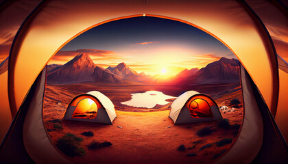 Camping on a mountain with stunning sunset view generated by AI