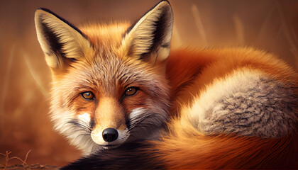 Fototapeta premium Cute red fox looking at camera outdoors generated by AI