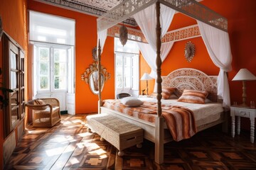 Beautiful white and orange canopy bed bedroom. Parquet, natural wallpaper, cane ceiling. Bohemian rattan and wood. Boho decor,. Generative AI