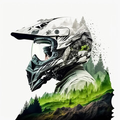 Close up photo of helmet and Enduro Bike Rider Motocross with mountain view, green forest, cartoon white background. Created with Generative AI technology.
