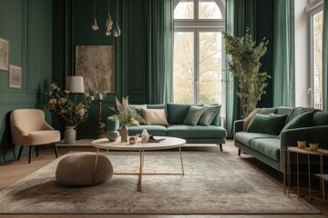 Beautiful green and beige living room with carpeted floor, wallpaper, and fabric couch. Classic minimalism,. Generative AI