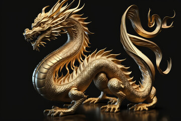 Obraz premium dragon gold carving on the dark background. (ai generated)