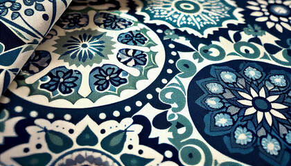 Floral and geometric shapes on blue textile design generated by AI