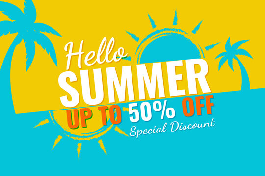 Hello Summer Sale background with blue and yellow color.