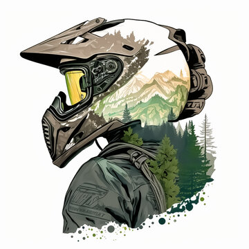 Close up photo of helmet and Enduro Bike Rider Motocross with mountain view, green forest, cartoon white background. Created with Generative AI technology.
