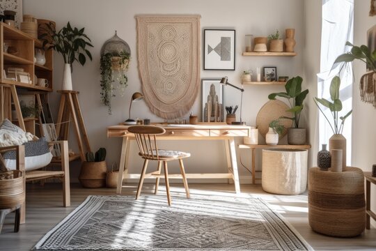 Contemporary boho home office space with wooden desk, elegant armchair, bamboo shelf, carpet, macrame, mock up poster frame, office supplies, décor, and personal accessories. Generative AI
