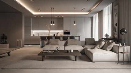 The stylish interior of the living room with luxury furniture, 3d render, a Modern home, a concept floor plan, and generative AI tools.
