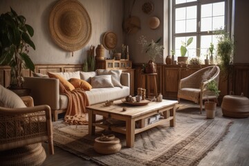 Fototapeta na wymiar Farmhouse wooden living room with sofa, rattan chest, jute carpet, and décor. Boho chic decor,. Generative AI