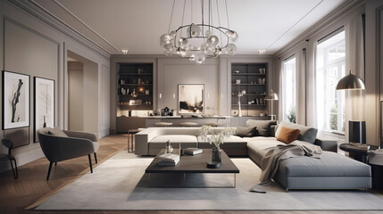 Obraz na płótnie Canvas The stylish interior of the living room with luxury furniture, 3d render, a Modern home, a concept floor plan, and generative AI tools.