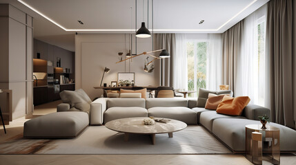 Naklejka na ściany i meble The stylish interior of the living room with luxury furniture, 3d render, a Modern home, a concept floor plan, and generative AI tools.