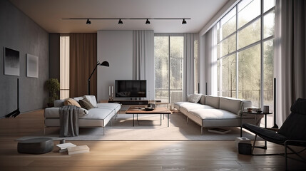 Naklejka na ściany i meble The stylish interior of the living room with luxury furniture, 3d render, a Modern home, a concept floor plan, and generative AI tools.