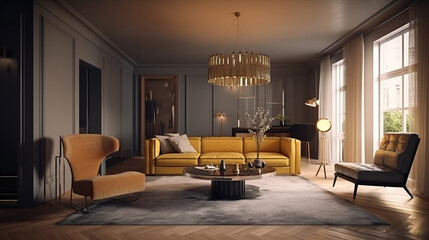 The stylish interior of the living room with luxury furniture, 3d render, a Modern home, a concept floor plan, and generative AI tools.
