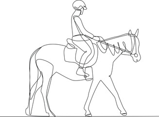 Continuous one-line drawing young man riding a horse. Experiential in traveler concept. Single line drawing design graphic vector illustration
