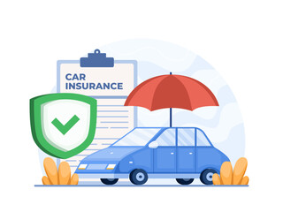 Illustration importance of vehicle insurance to protect against unforeseen damages or accidents. Features a shield and umbrella on a car as symbols of coverage and protection. 
web, infographic, etc