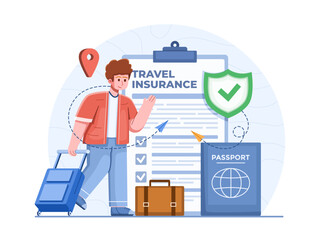 Illustration of a person carrying a suitcase with a travel insurance form in the background, highlighting the importance of having travel insurance for peace of mind during travel.