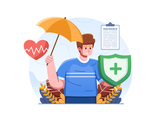 Illustration A person holding an umbrella and shield to represent protection and coverage for health insurance. 
Health insurance concept illustration.
Suitable for web, landing page, info graphic,etc