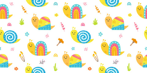 Seamless pattern with snails, rainbow and flowers