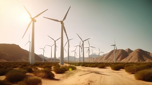 Wind turbines in the desert. Renewable energy concept with sand dunes. Generative AI