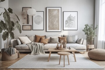 Modern living room poster mockup. Scandinavian decor. Generative AI