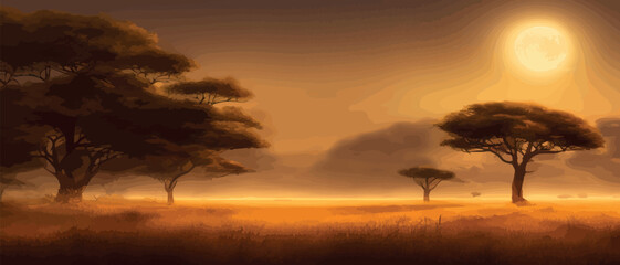 Fototapeta na wymiar African acacia row against twilight sky. Vector illustration banner landscape. Silhouette of packs in the high rise desert. African perspective in the evening with copy space.