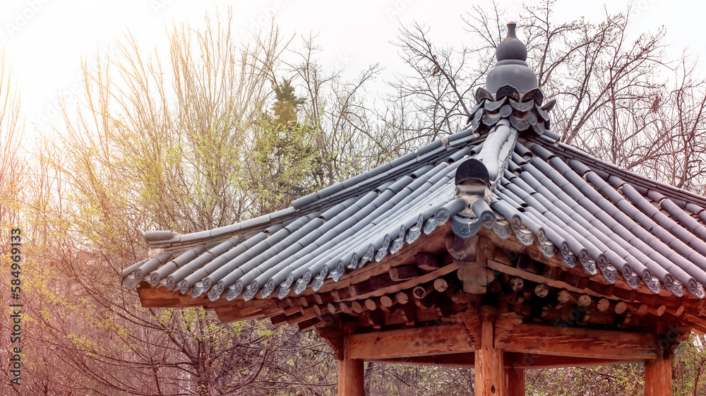 Wall mural beautiful rooftop oriental house at traditional korean garden. scenery of japanese countryside with 