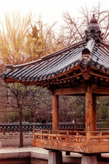 Naklejka premium Beautiful rooftop oriental house at traditional korean garden. Scenery of Japanese countryside with ancient architectural features of roof stile at buddhist temple