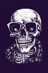 High detail skeleton skull with sunglasses. Woodcut engraving style hand drawn vector illustration on dark background. Optimized vector. 